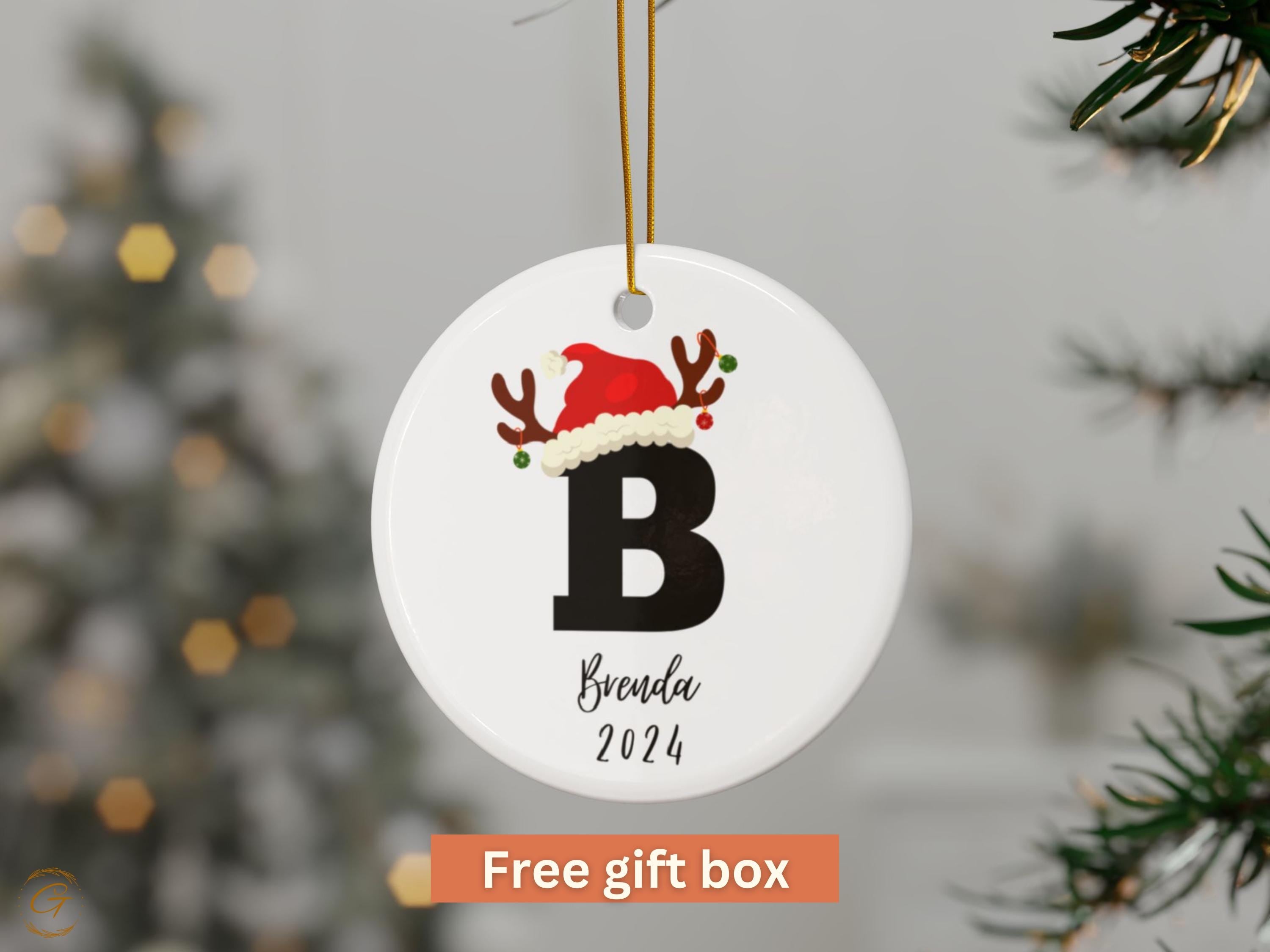 Festive Christmas Initial Name Ornament Santa Hat and Reindeer, Holiday Decoration Keepsake, Merry Christmas Celebration, Holiday Gift Ideas