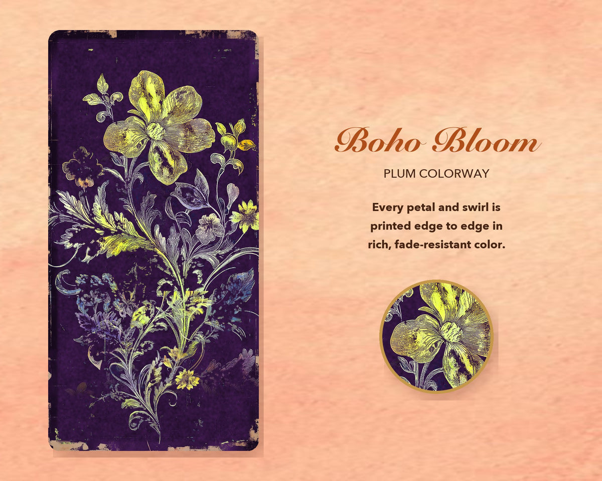 Purple Boho Floral Leggings for Women, Gold Flower Yoga Pants, High Waisted Workout Leggings, Botanical Print Gift for Her