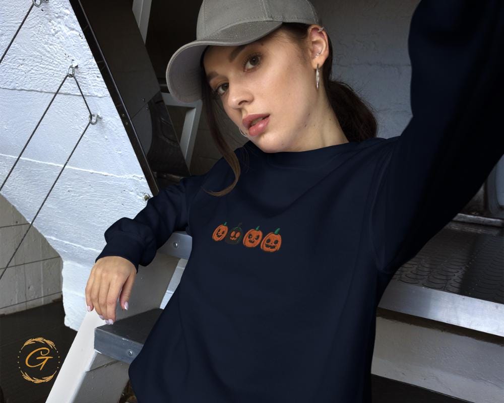 Halloween Sweatshirt, four Pumpkins Faces Sweatshirt, Fall Season Crewneck, Cute Halloween Pumpkin Design Pullover Cozy Spooky Halloween Top