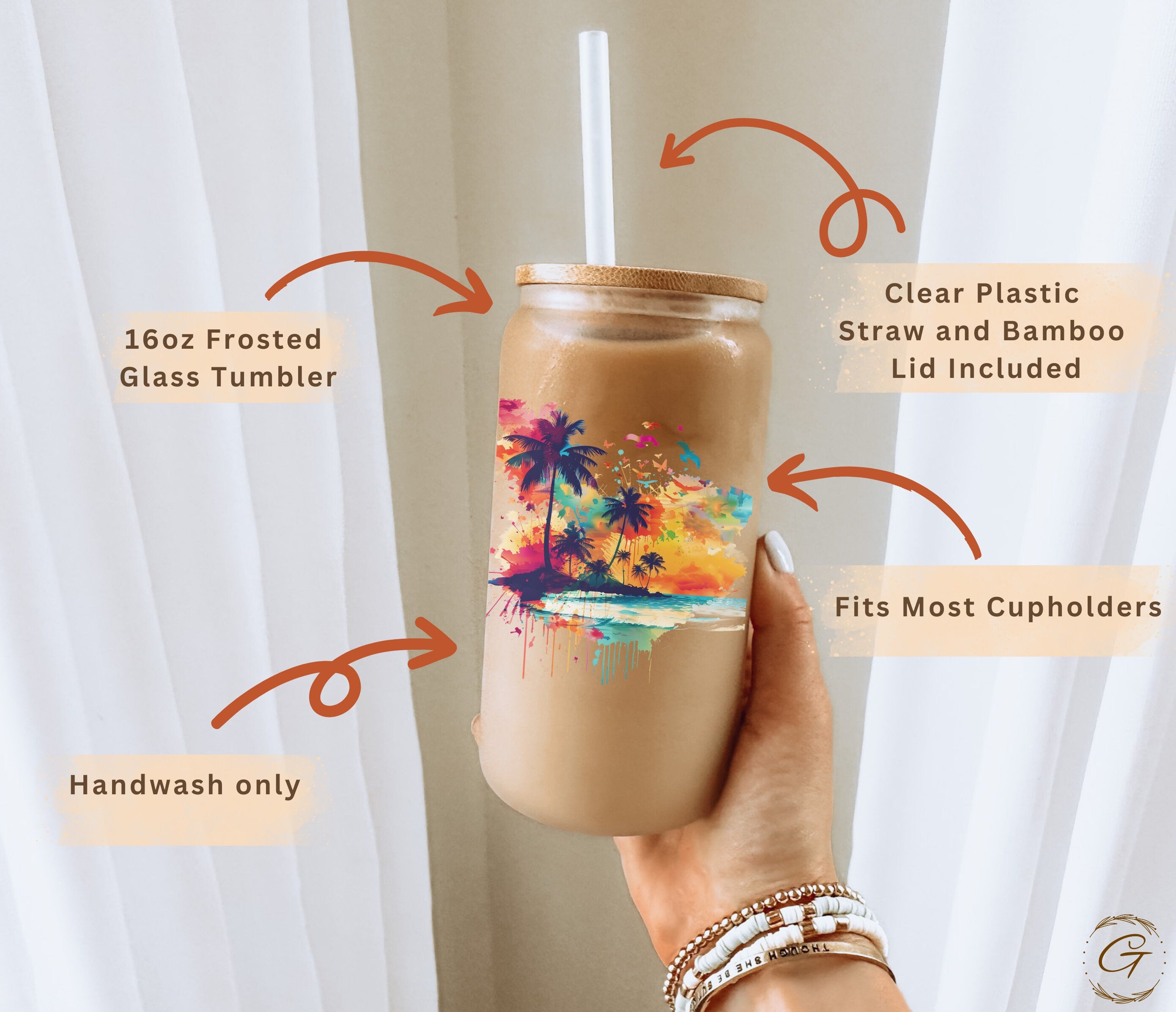 Tropical Beach Sunset Art Summer 2024 Colorful Palm Trees Print Frosted Glass Cup