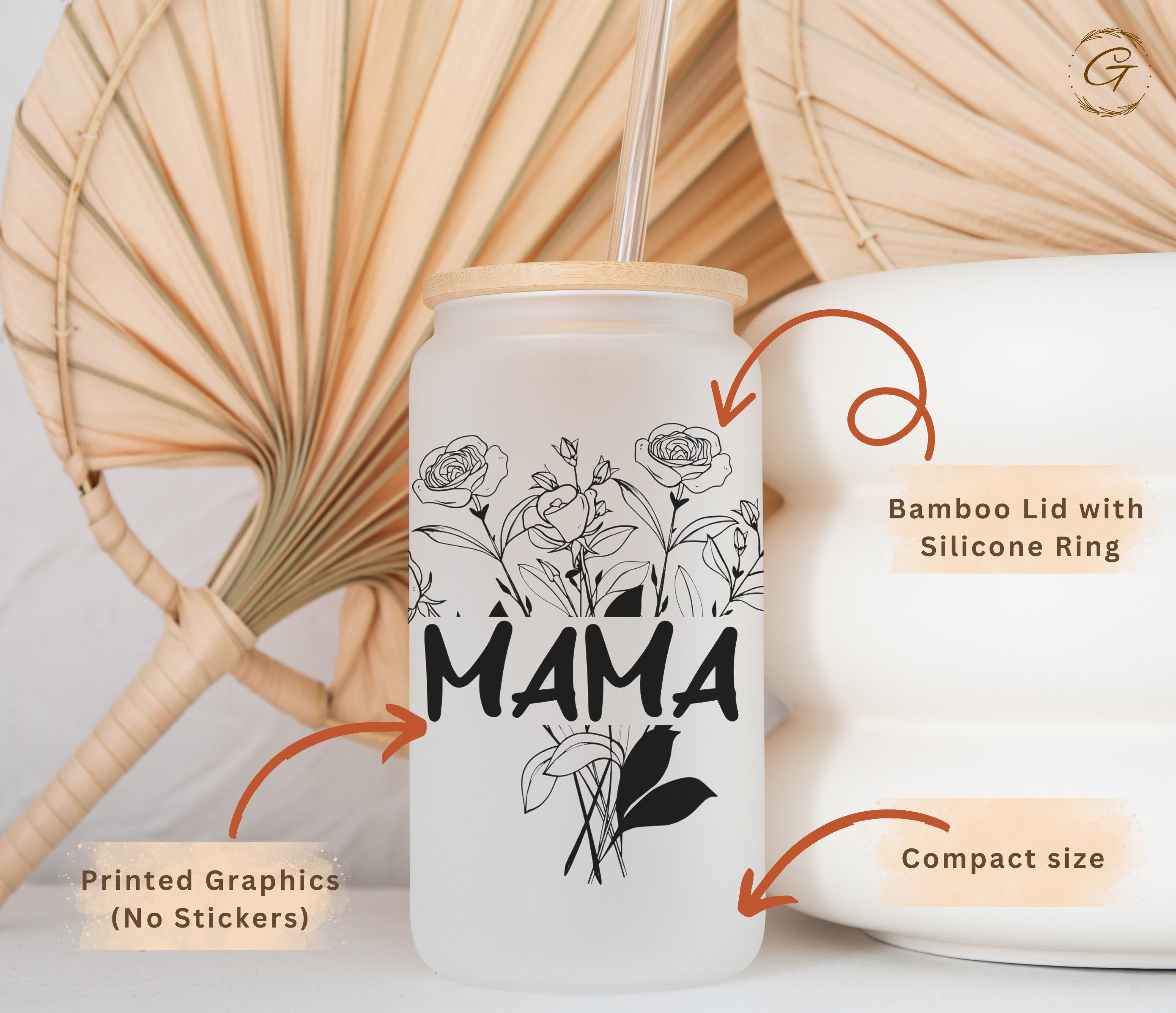 Frosted Glass Tumbler with Rose Mama Design, Stylish & Durable Drinkware, Beautiful Floral Mug Great for Coffee or Tea, Lovely Gift for Moms