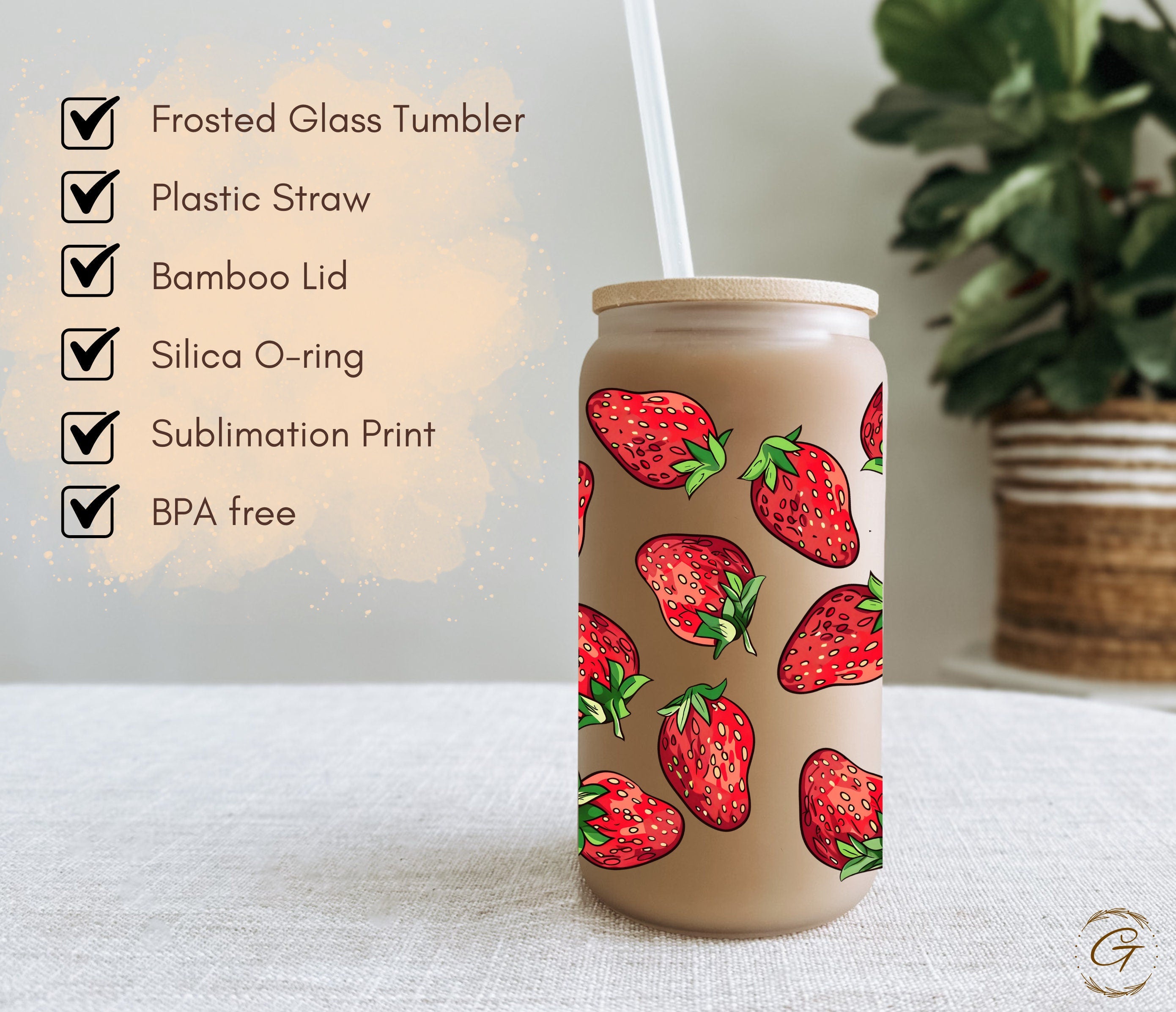 Strawberry Pattern Frosted Glass Libbey Cup