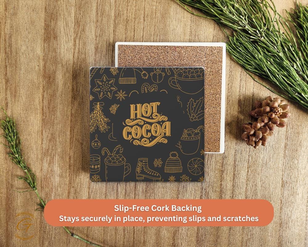 Soapstone Coaster Hot Cocoa Design with Cork Backing, Holiday Drink Coaster Winter Decor, Cozy Gift for Hot Cocoa Lovers, Perfect for Winter