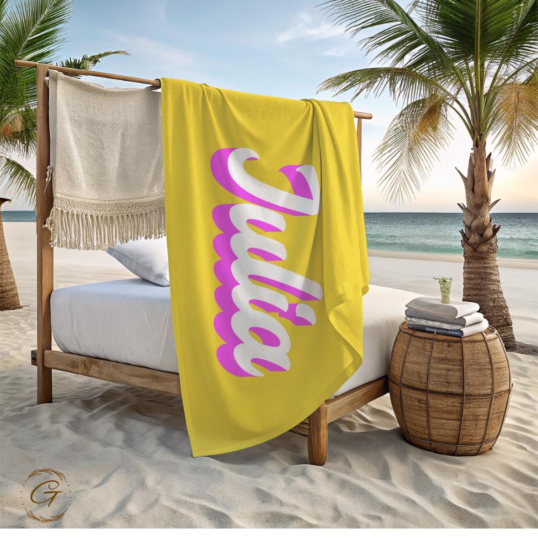 Bright Yellow Color Beach Towel with Custom Name