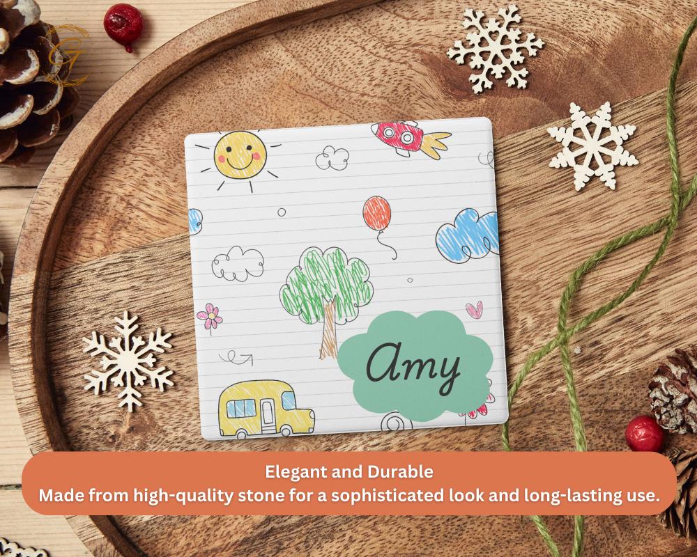 Personalized Soapstone Coaster with Custom Kids Name Design with Cork Backing, Stylish Unique Gift for Kids, Personalized Names Drink Holder