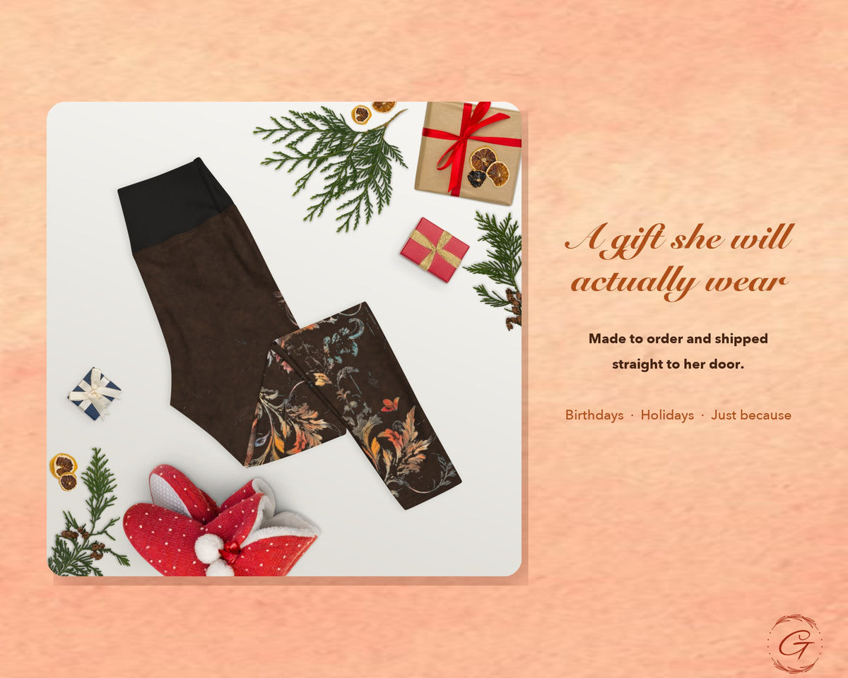 Brown Boho Floral Leggings for Women, Autumn Flower Yoga Pants, High Waisted Workout Leggings, Botanical Print Gift for Her