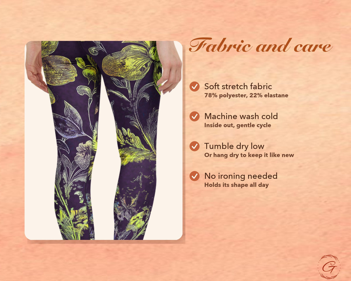 Purple Boho Floral Leggings for Women, Gold Flower Yoga Pants, High Waisted Workout Leggings, Botanical Print Gift for Her