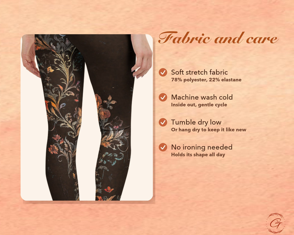 Brown Boho Floral Leggings for Women, Autumn Flower Yoga Pants, High Waisted Workout Leggings, Botanical Print Gift for Her