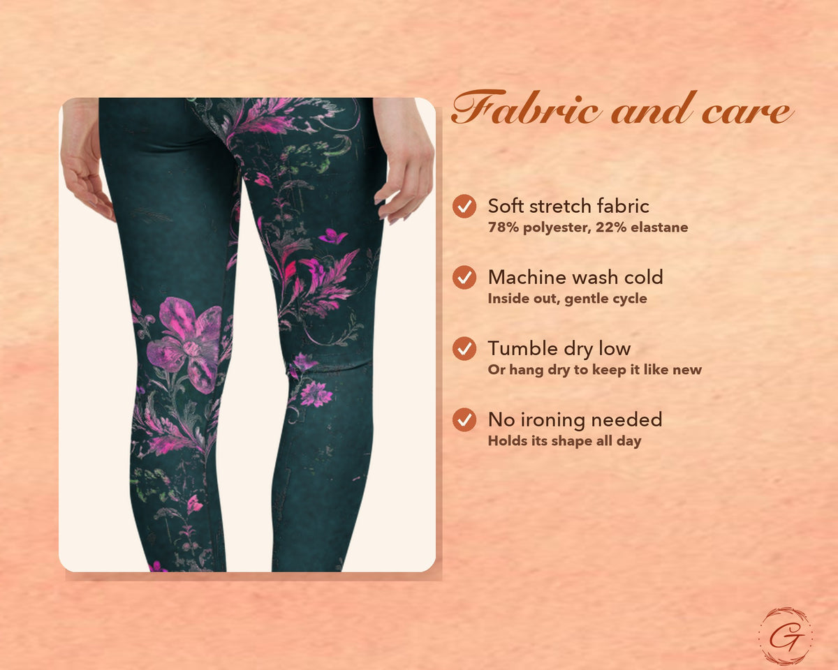 Teal Boho Floral Leggings for Women, Pink Flower Yoga Pants, High Waisted Workout Leggings, Botanical Print Gift for Her
