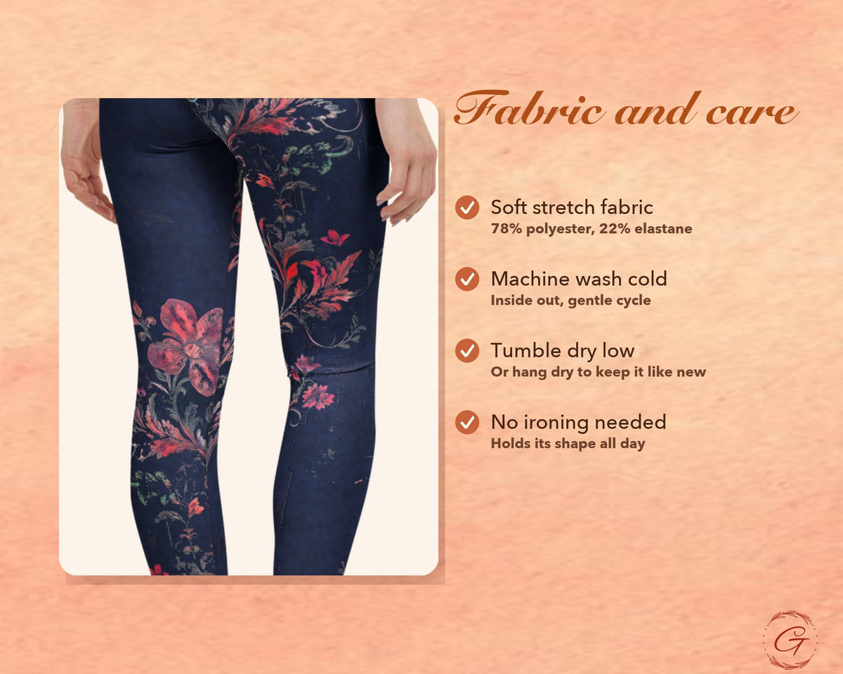 Navy Boho Floral Leggings for Women, Pink Flower Yoga Pants, High Waisted Workout Leggings, Botanical Print Gift for Her