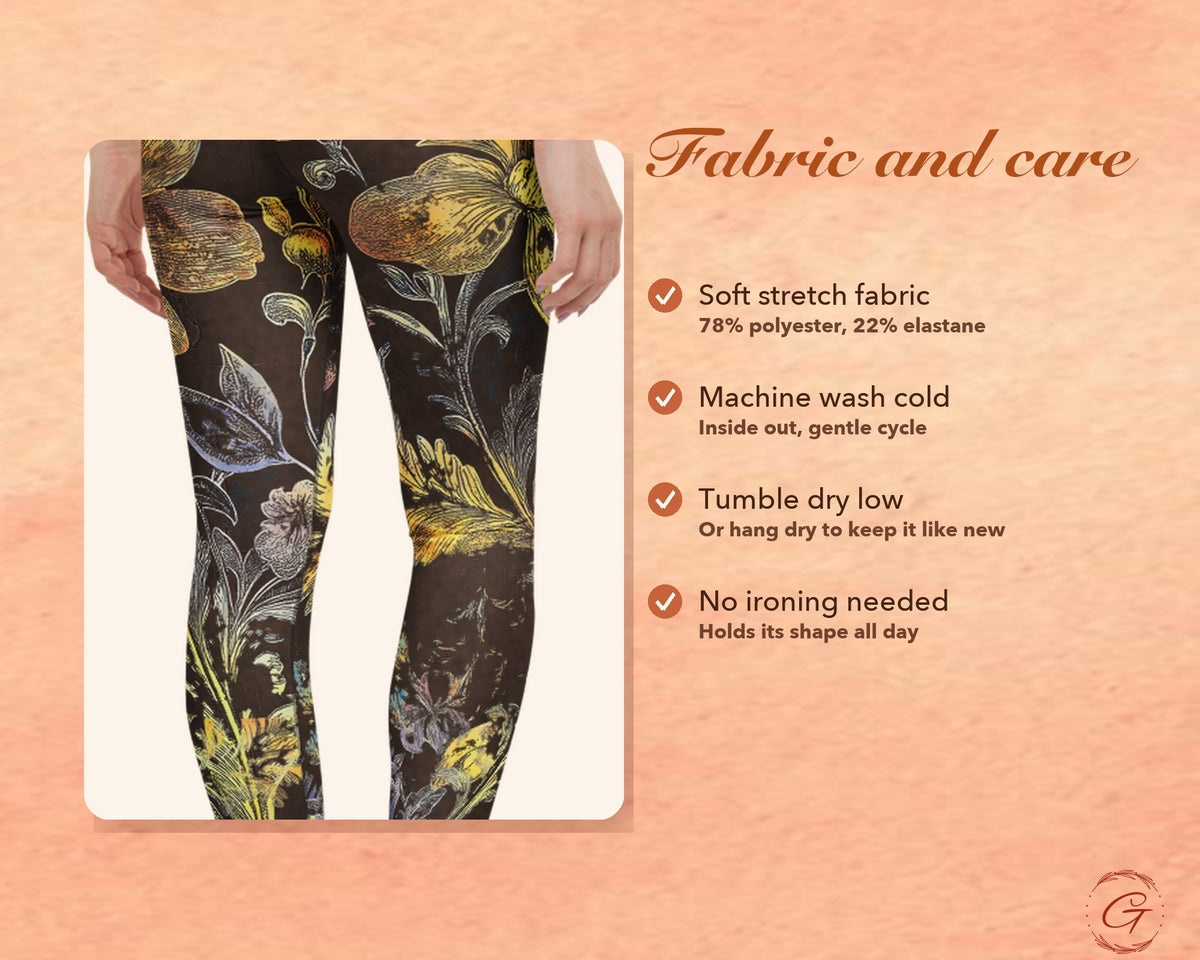 Brown Boho Floral Leggings for Women, Gold Flower Yoga Pants, High Waisted Workout Leggings, Botanical Print Gift for Her