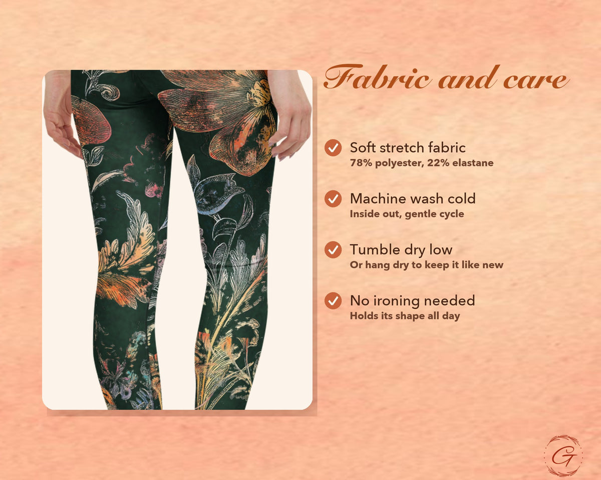 Forest Green Boho Floral Leggings for Women, Peach Flower Yoga Pants, High Waisted Workout Leggings, Botanical Print Gift for Her
