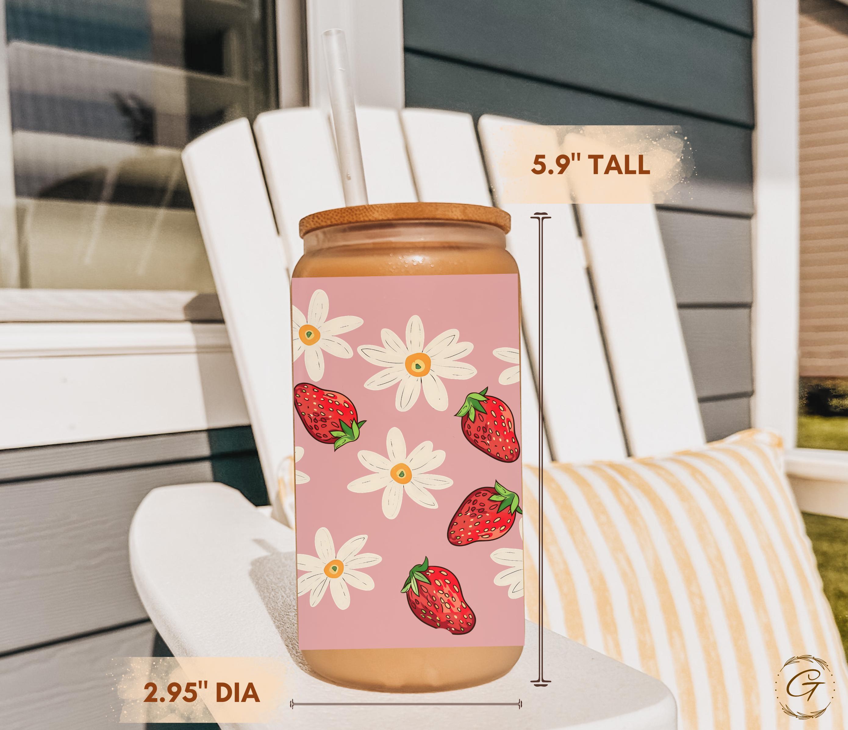 Strawberry and Daisy Design Frosted Glass Cup