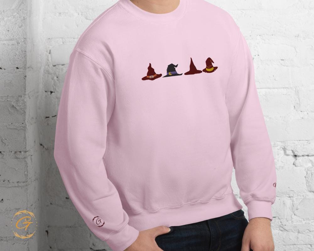 Halloween Sweatshirt, Embroidery Design Witch Hats Crewneck Halloween Sweatshirt, Long Sleeve Top, Casual Pullover Fall Fashion Witchy Shirt