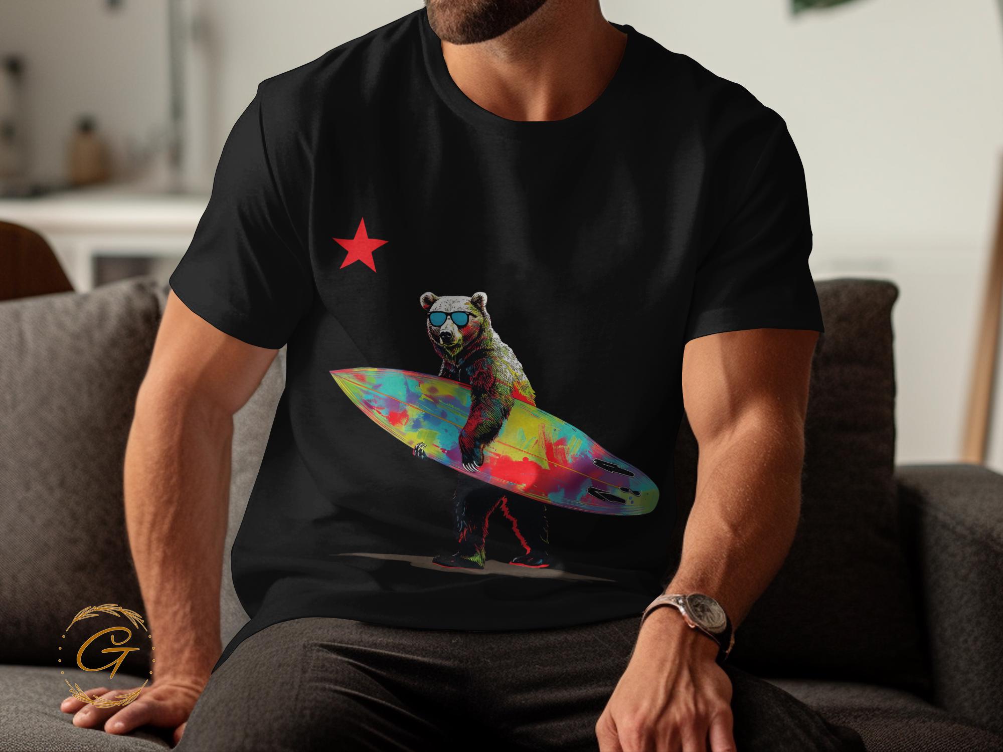 Cool Bear Surfboard Star Design Tee Beach Vibes T-ee