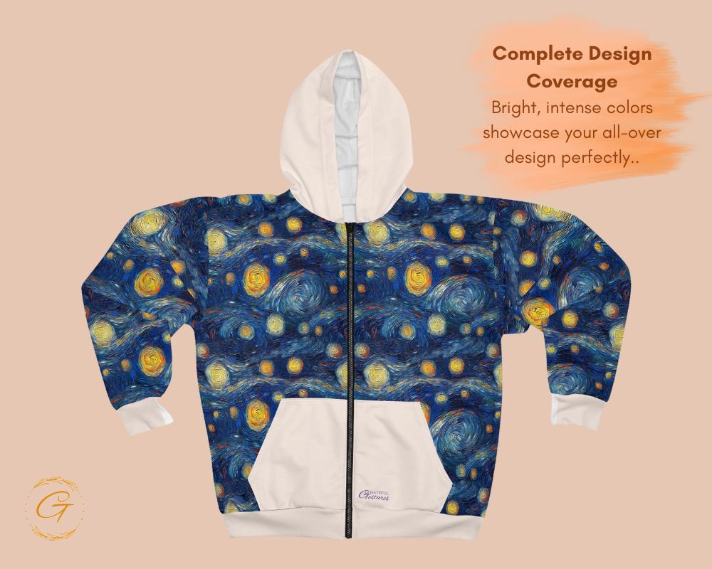 Starry Night White Pocket Design Zip Hoodie All-Over Print