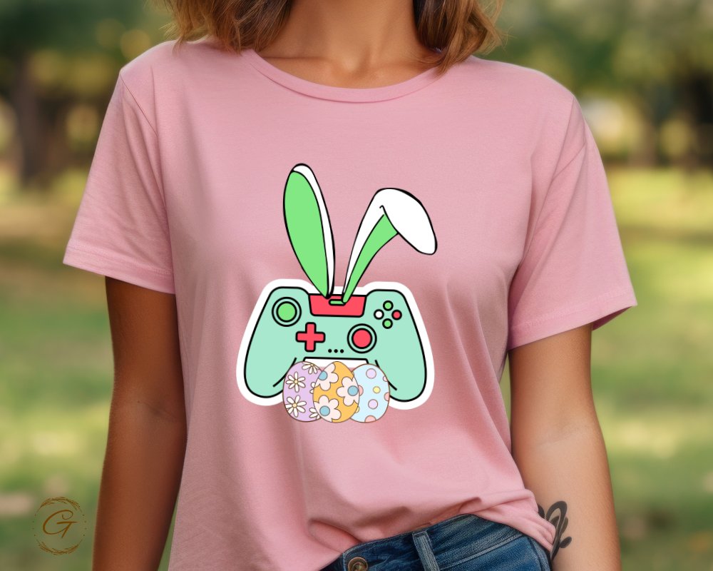 Pink T-Shirt with Gaming Bunny and Easter Eggs product type