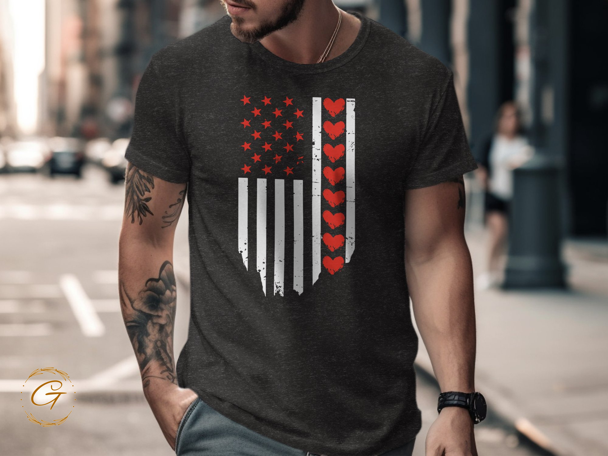 American Flag with Red Hearts Graphic T-shirt product type