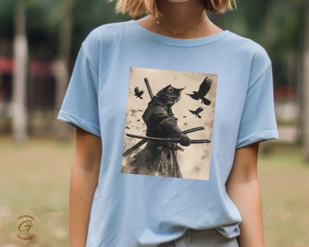 Samurai Cat with Birds Graphic Tee