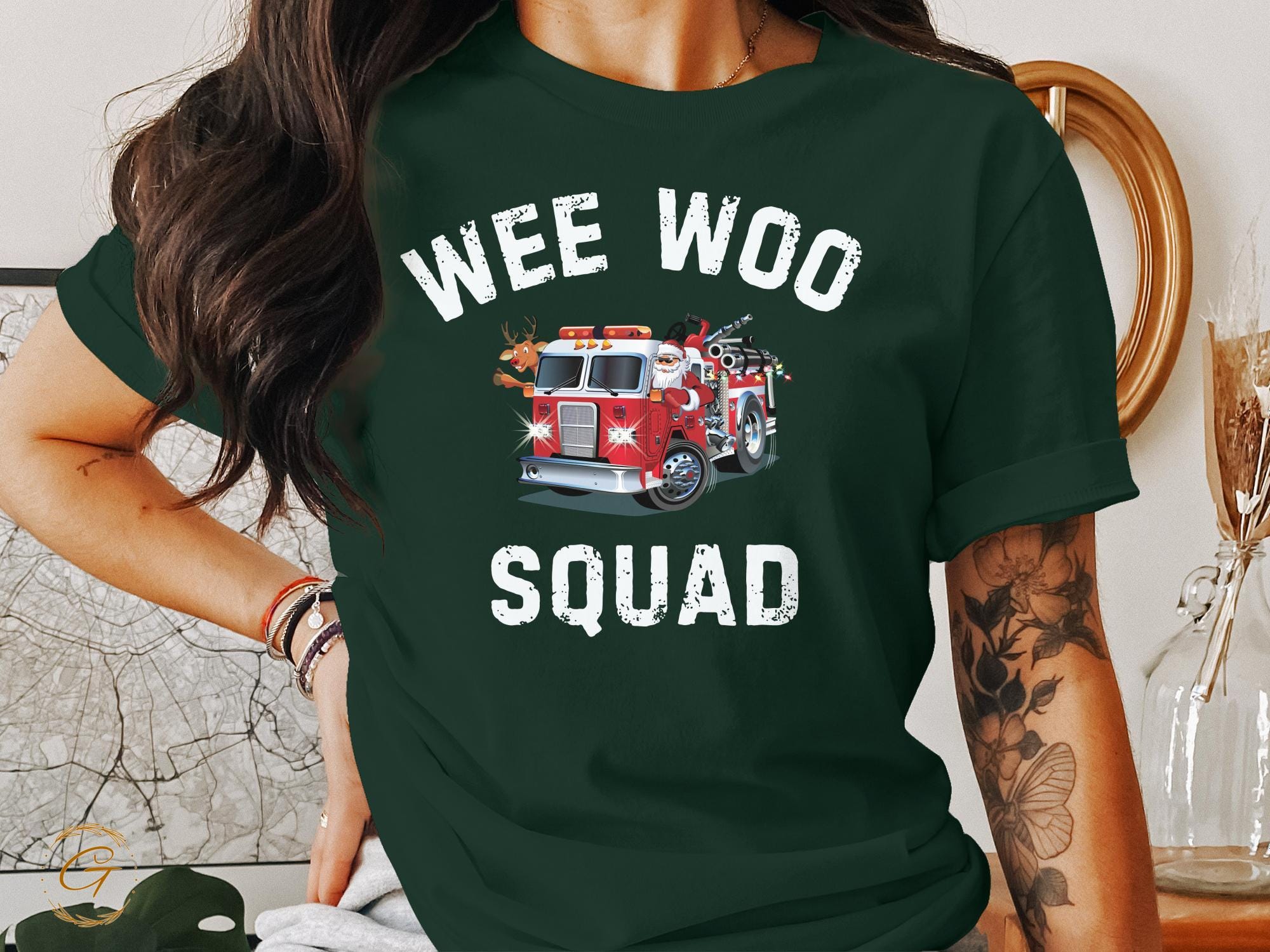 Profession T-shirt, Wee Woo Squad Fire Truck Santa Claus Christmas Design Tee