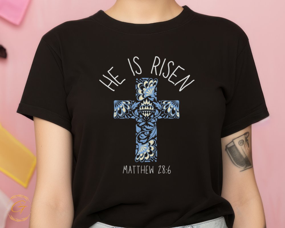 He Is Risen Matthew 28:6 Cross Black T-Shirt product type