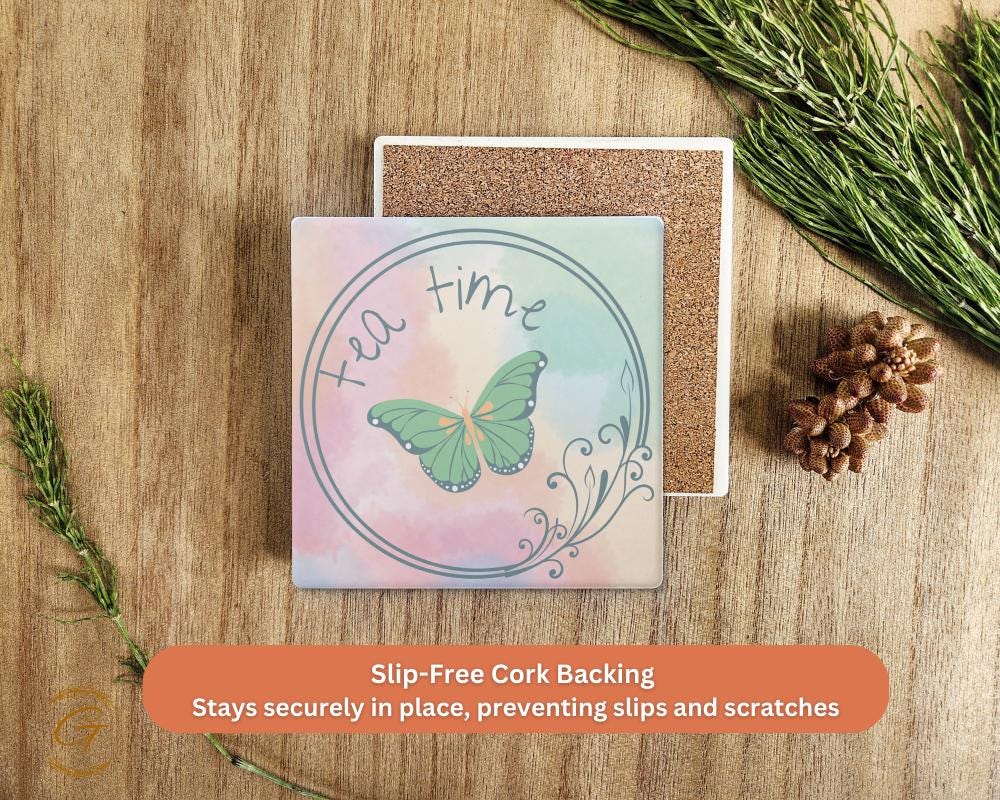 Elegant Square Stone Coasters with Tea Time & Butterfly Design