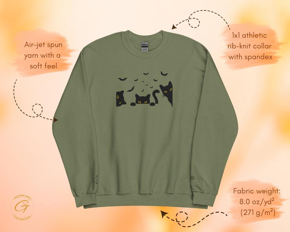 Halloween Sweatshirt, Embroidery Design Spooky Cats and Bats Pullover, Spooky Season Black Cat Sweatshirt Creepy Cute Cat Lover Crewneck Top
