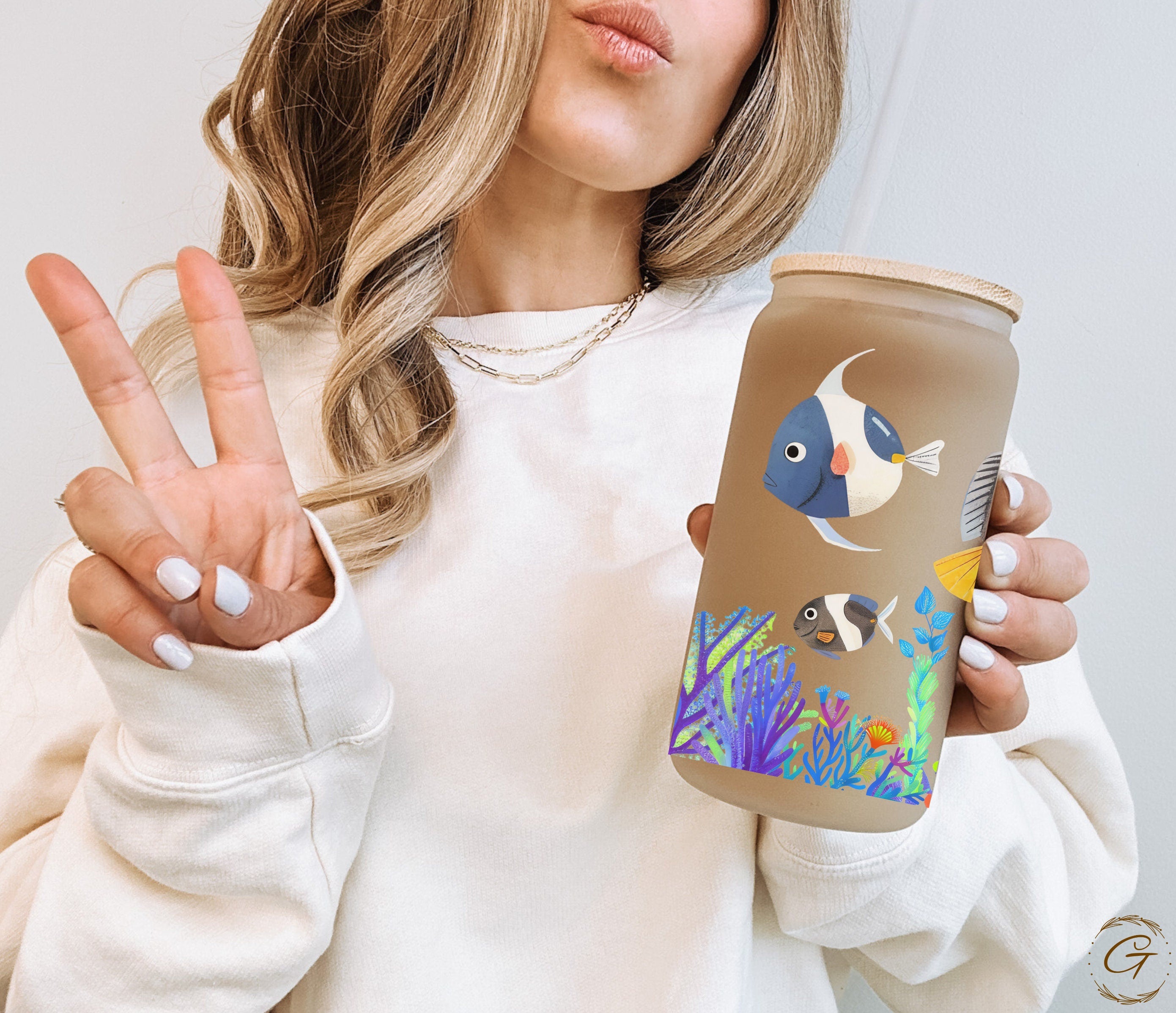 Fish and Corals Design Frosted Glass Cup