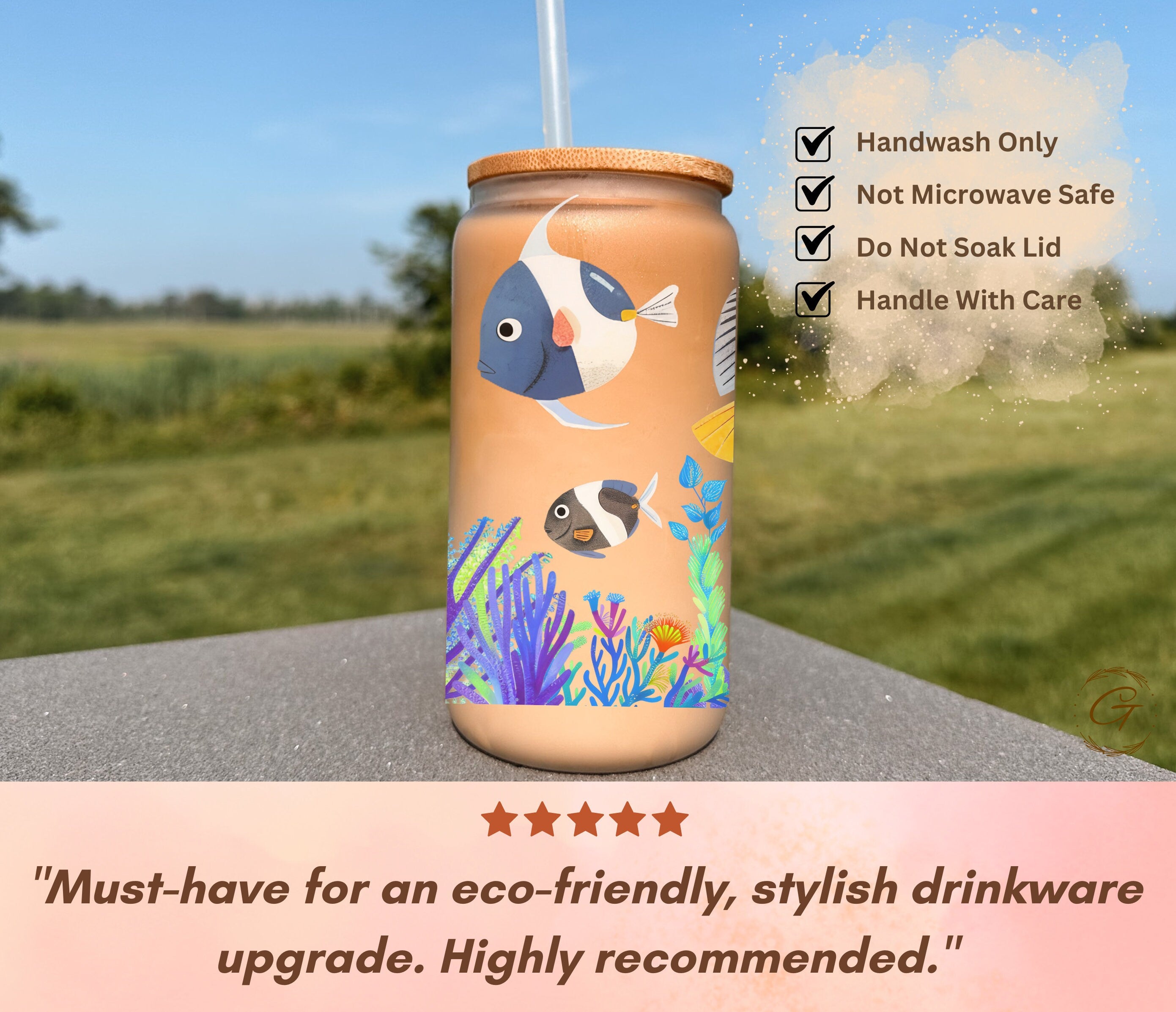 Fish and Corals Design Frosted Glass Cup