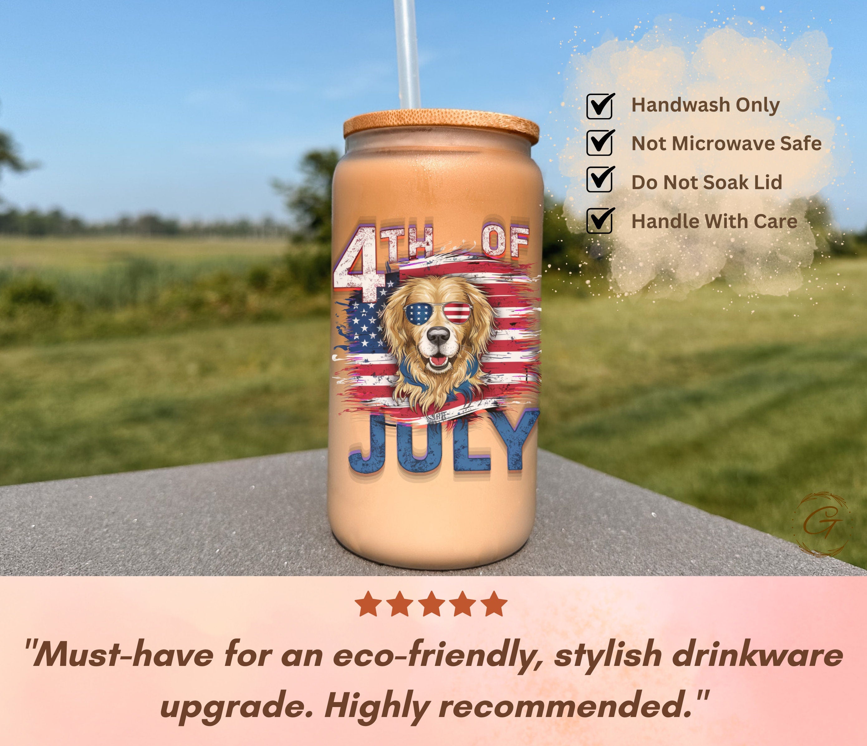 4th of July Frosted Cup with Lid & Straw, Dog in Sunglasses, Summer Party Gifts, Patriotic Holiday Drinkware, Memorable Gifts for Pet Owners