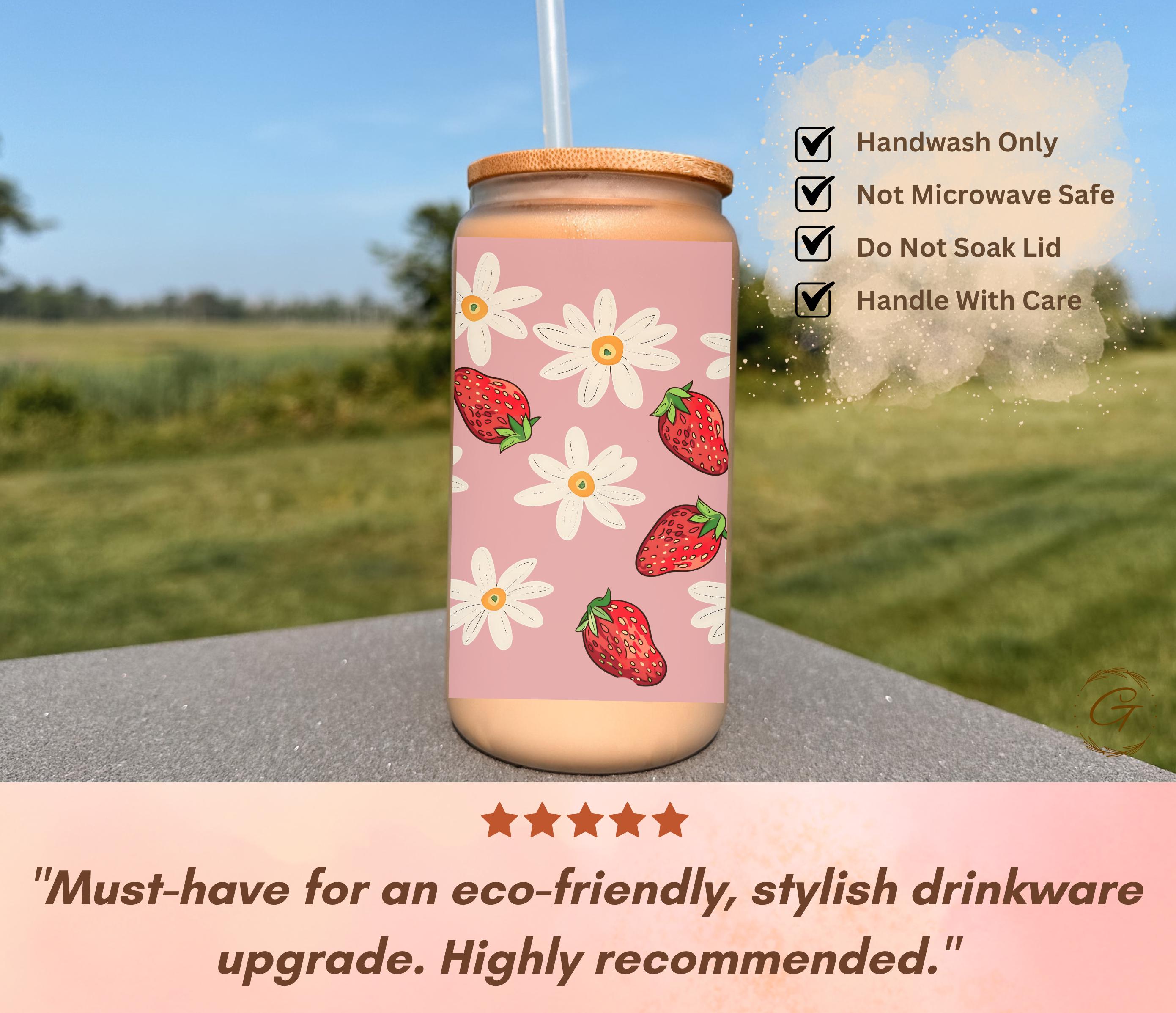 Strawberry and Daisy Design Frosted Glass Cup