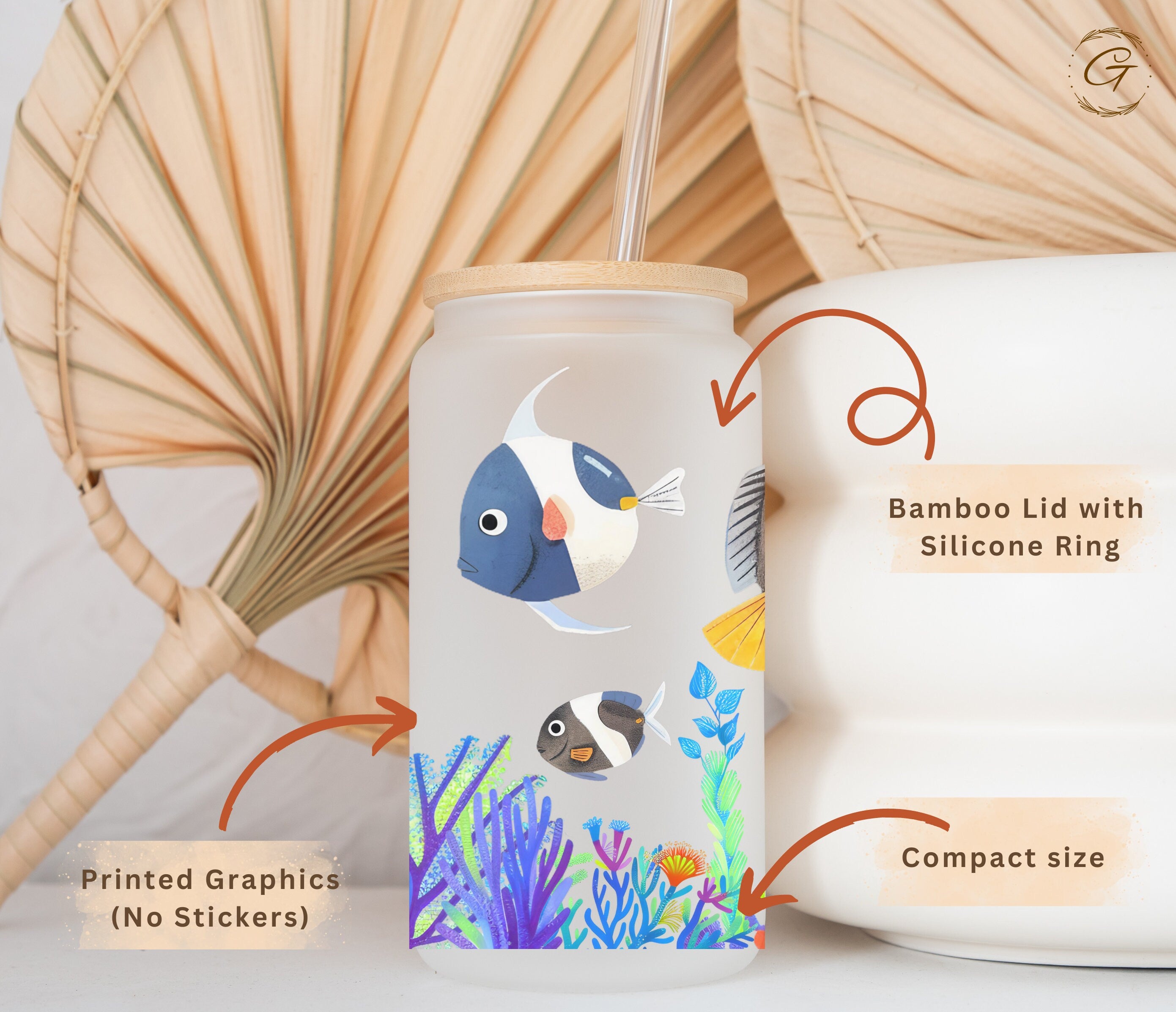 Fish and Corals Design Frosted Glass Cup