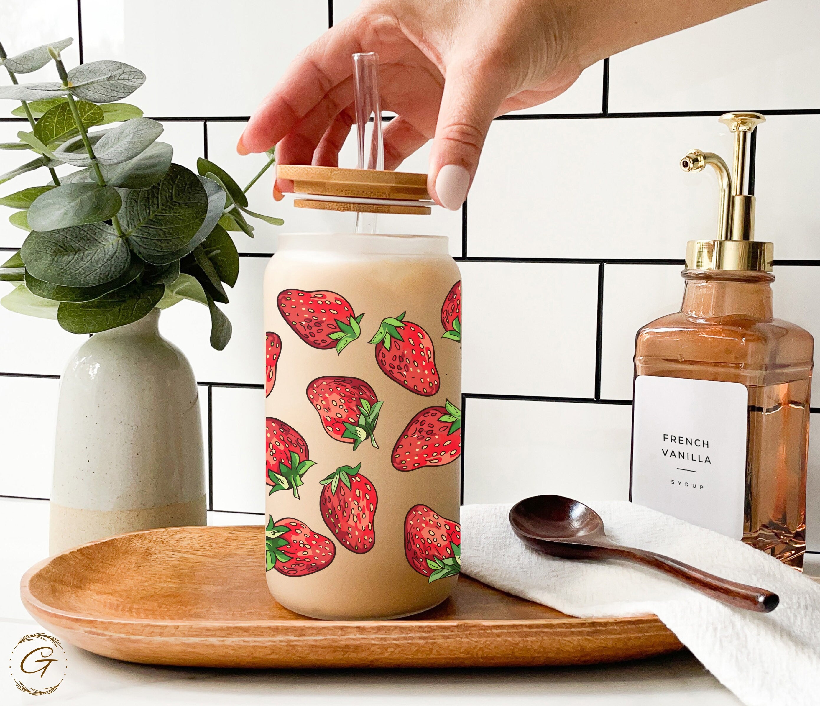 Strawberry Pattern Frosted Glass Libbey Cup