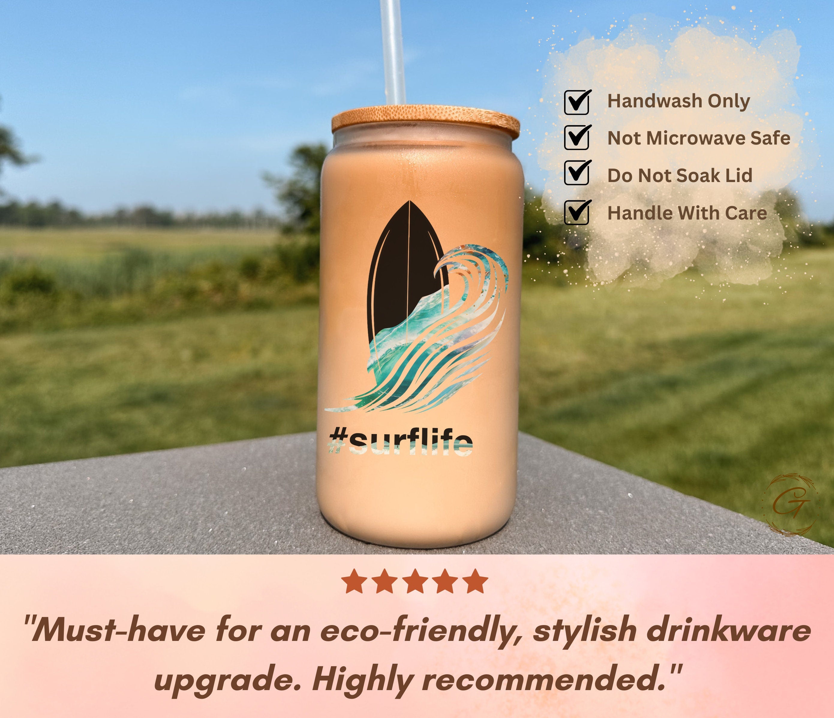 Surf Life Design Frosted Glass Cup, Personalized Beach Waves Libbey Cup