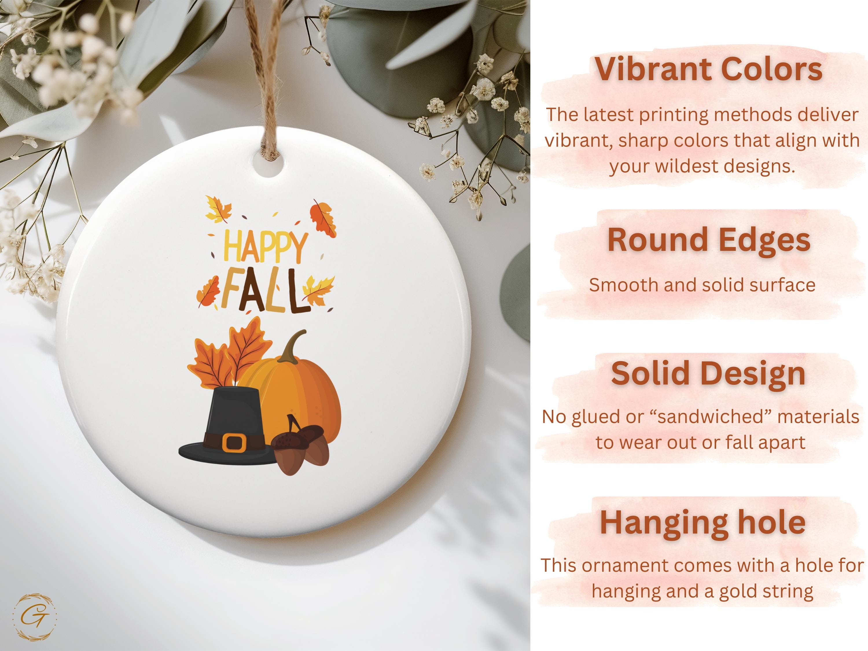 Happy Fall Pumpkin Ornament, Thanksgiving Decor, Autumn Harvest Display, Fall Leaves and Acorn Decoration, Pilgrim Hat Accent