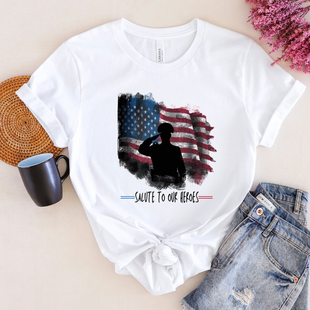 Patriotic Military Salute T-Shirt – "We Will Never Forget" American Flag Graphic Tee