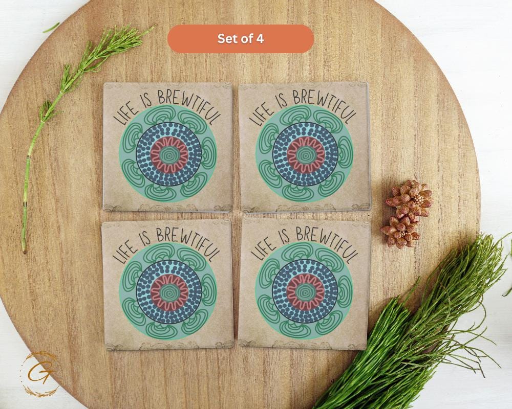 Soapstone Coaster with "Life Is Brewtiful" Design with Cork Backing Unique Coffee Lover Gift Inspirational Drink Coaster, Stylish Home Decor