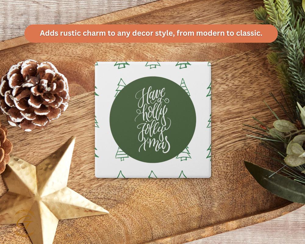 Soapstone Coaster with "Have a Holly Jolly Christmas" Green Design, Festive Holiday Coaster, Cork Backing, Christmas Decor, Unique Gift Idea