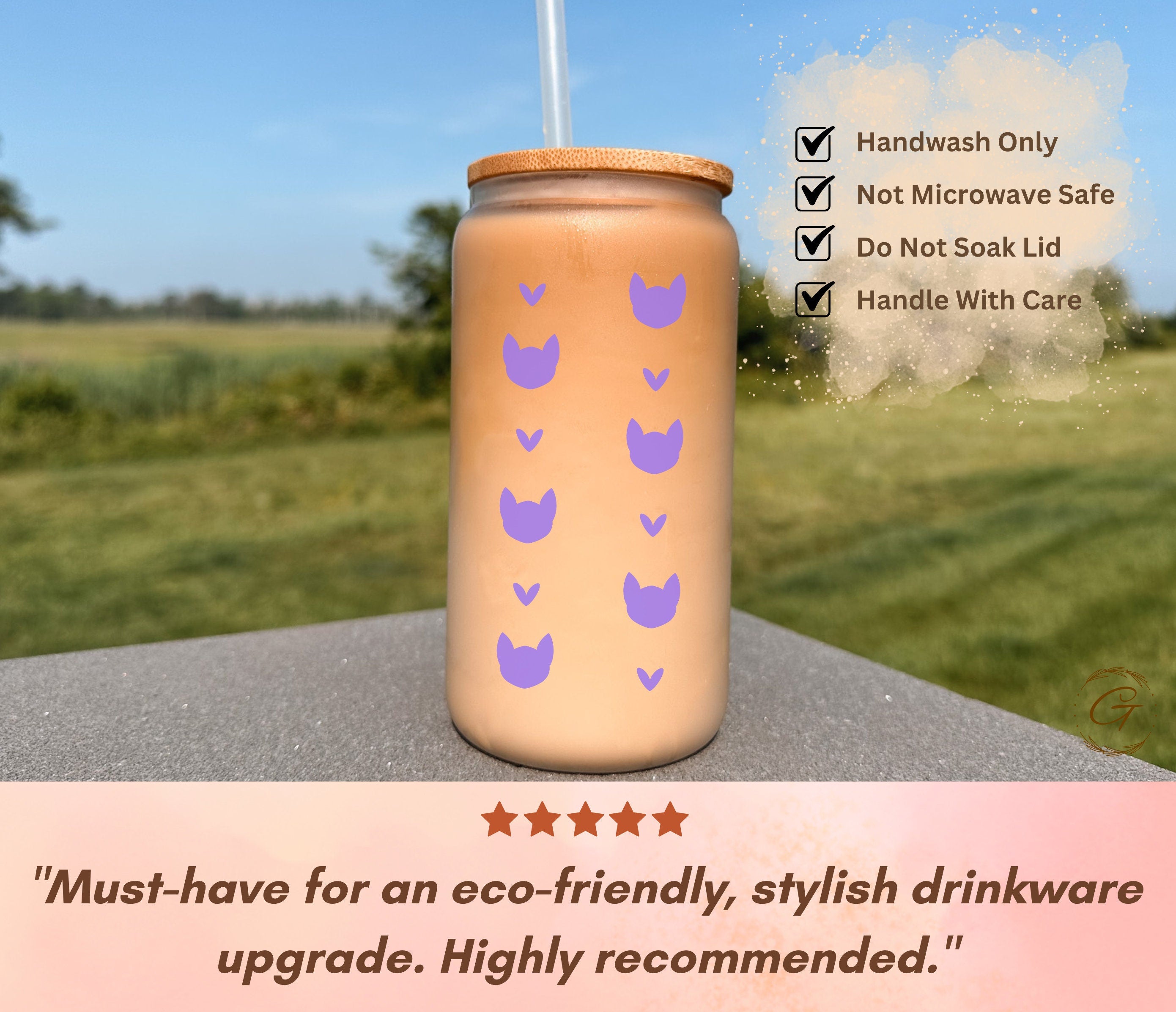 Cat & Heart Mint Frosted Glass Cup Cat Lover Frosted Cup