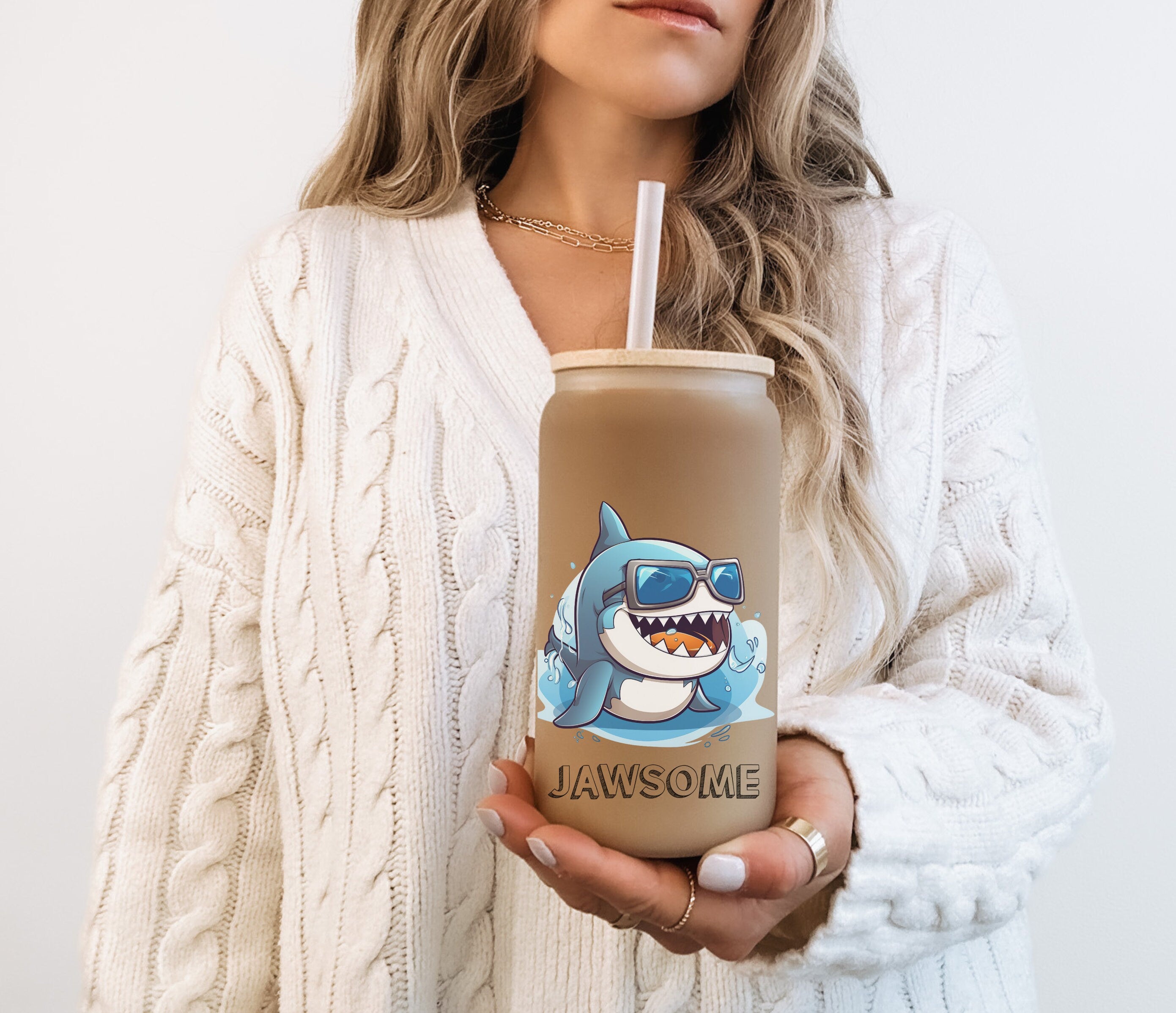 Jawsome Shark Frosted Glass Cup, Fun Libbey Glass Can