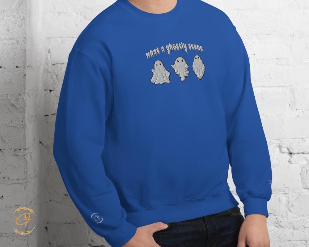 Halloween Sweatshirt, Ghost Embroidery Design Halloween Pullover, Halloween Casual Crewneck, Spooky Long-Sleeve Top, Warm-Up Casual Sweater