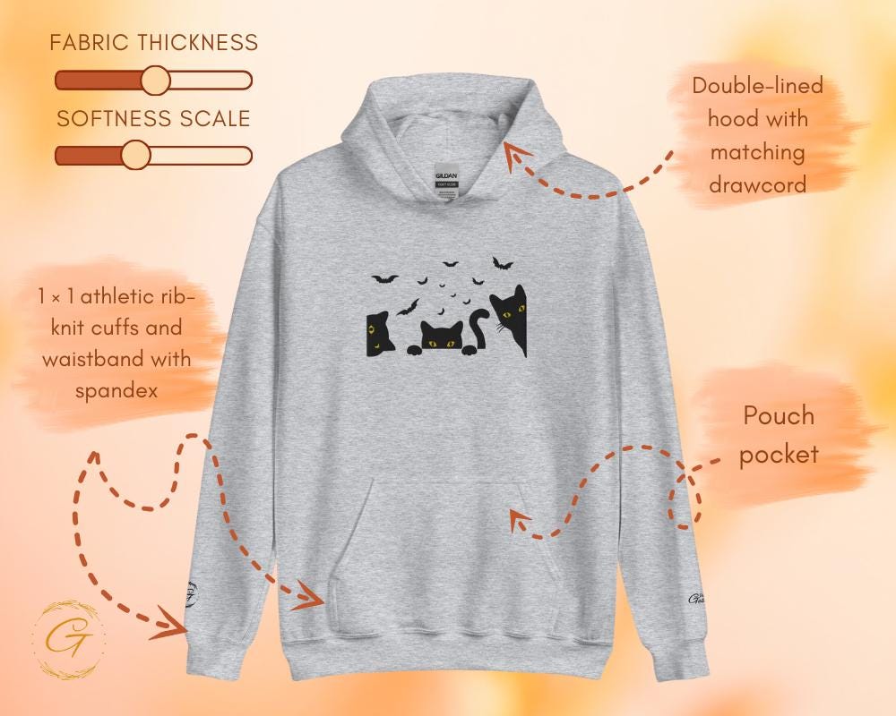 Halloween Hoodie, Embroidery Spooky Cats Hoodie, Bats and Cats Sweatshirt, Halloween Pullover, Black Cats Hooded Top, Spooky Hooded Sweater