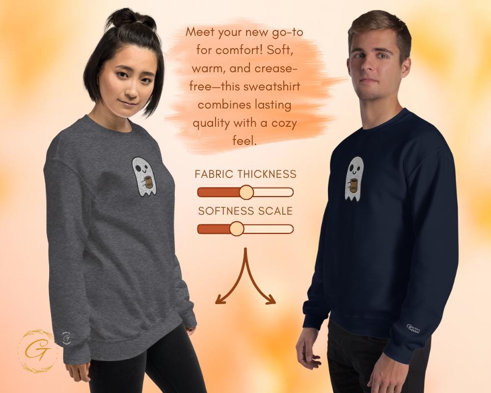 Halloween Sweatshirt, Cute Embroidery Ghost with Coffee Mug Graphic Sweatshirt Pullover Cozy Casual Long-Sleeve Warm-Up Top Ghost Lover Gift