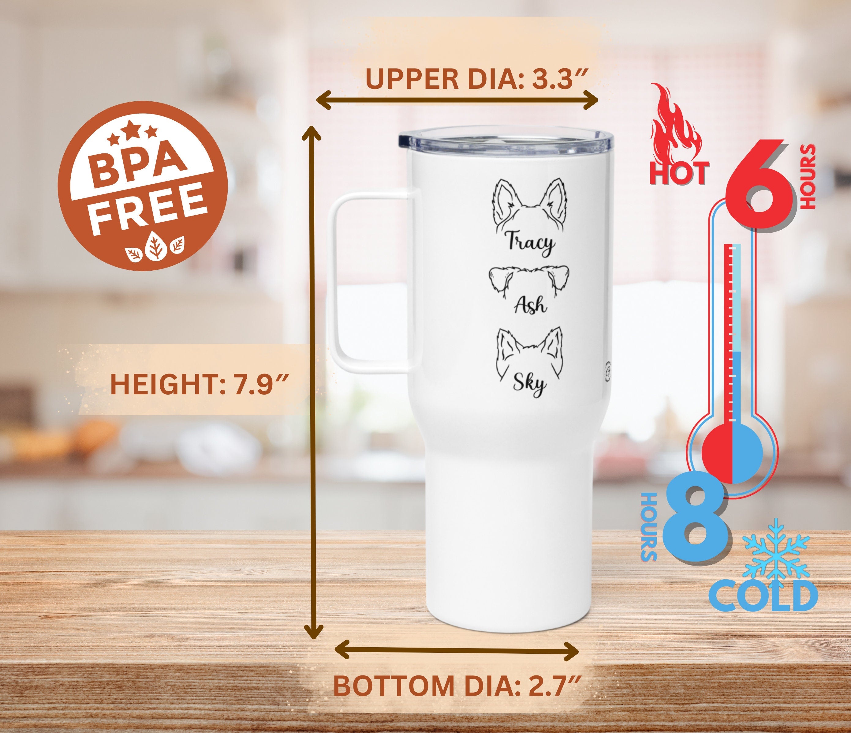 Personalized Dog Ears & Name 25-oz Travel Mug, Custom Coffee Mug with Handle, Perfect for Pet Lovers Great Gifts, Handled Mug for Pet Lovers