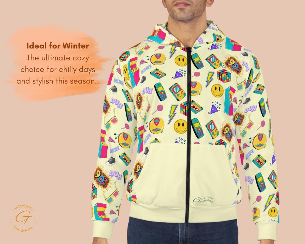 90s Nostalgia Unisex Zip Hoodie AOP, Retro Throwback Hoodie