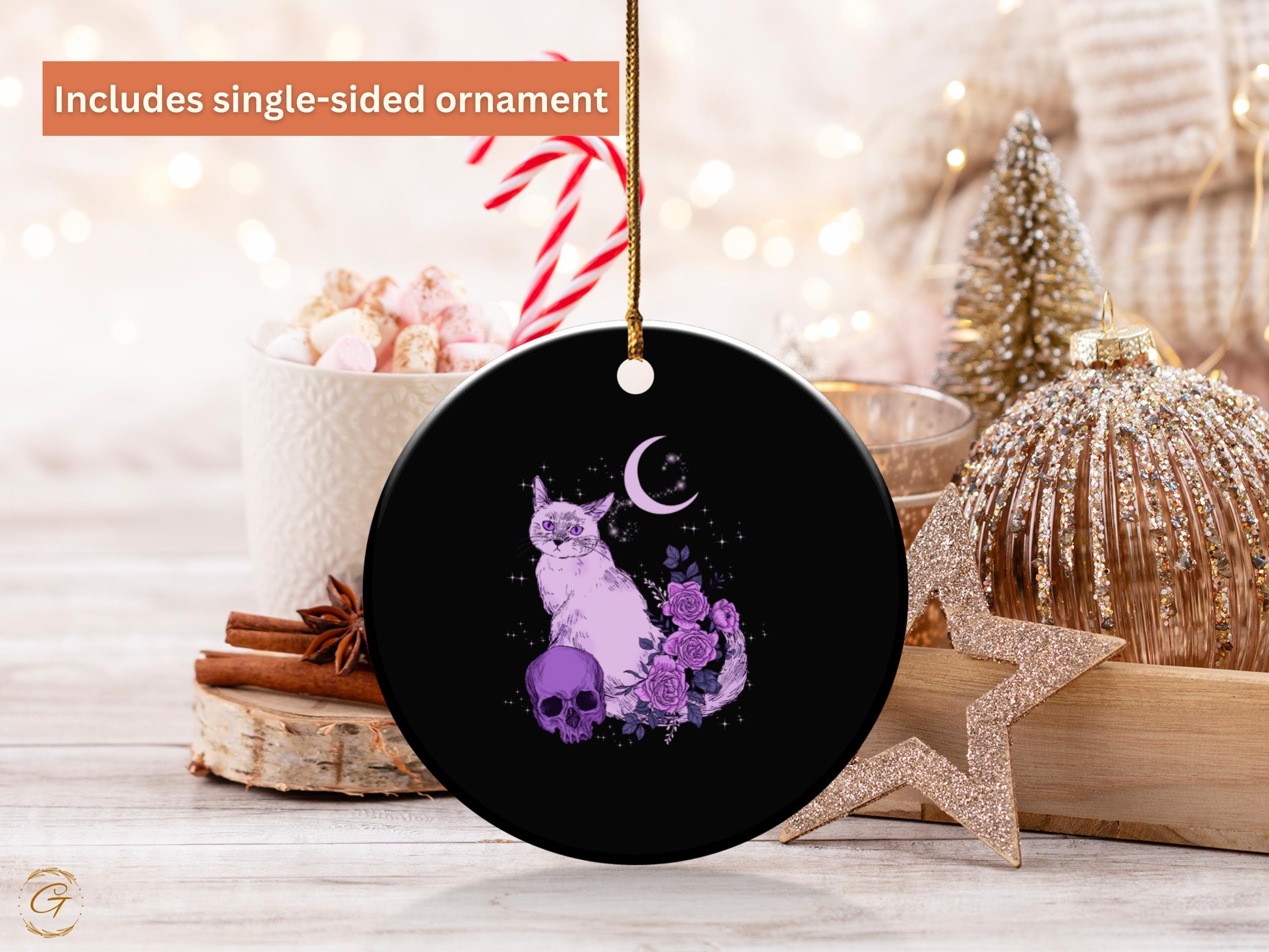 Gothic Black Cat Art Ornament, Moon and Roses Decor, Purple Cat Print, Mystical Home Decoration, Halloween Witchy Ornament Gift, Spooky Gift
