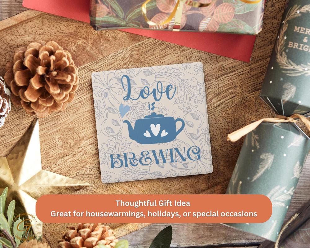 Soapstone Coaster with Love Is Brewing Design Cork Backing Perfect for Coffee Lovers Cute Gift Idea Home Decor, Stylish Drinkware Accessory