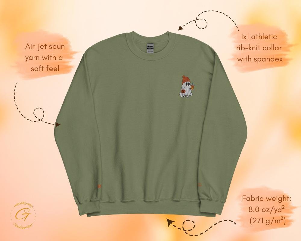 Halloween Ghost Sweatshirt, Spooky Iced Coffee Ghost Pullover Halloween Casual Crewneck, Long-Sleeve Ghost Top Pumpkin Ghost Warm-Up Sweater