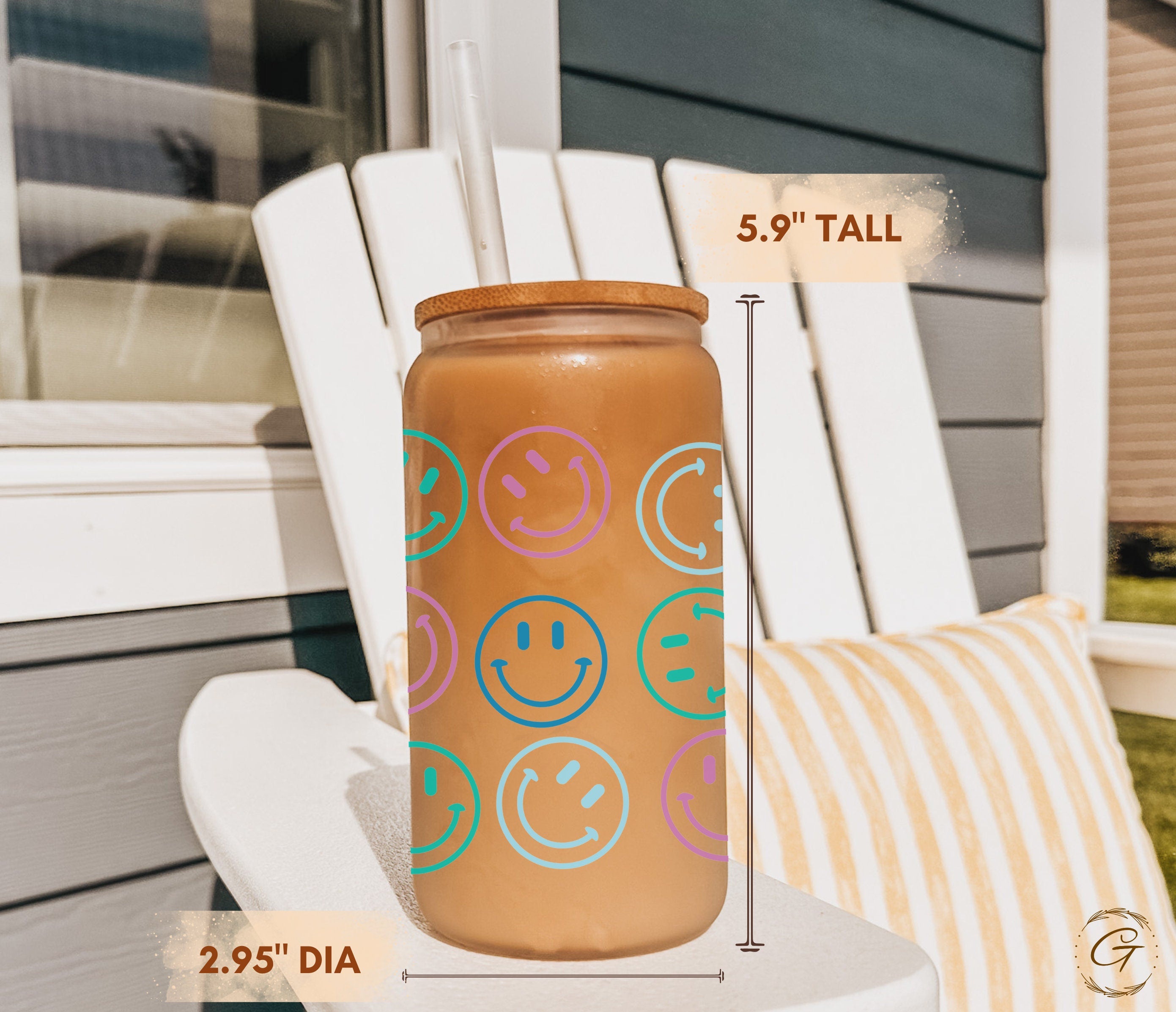 Trendy 16-oz Frosted Libbey Glass Cup with All-Over Smiley Floral Icons – Perfect for Drinks, Gifts For Her, Customizable Options Available