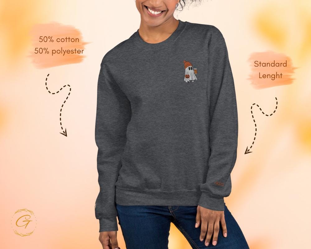 Halloween Ghost Sweatshirt, Spooky Iced Coffee Ghost Pullover Halloween Casual Crewneck, Long-Sleeve Ghost Top Pumpkin Ghost Warm-Up Sweater